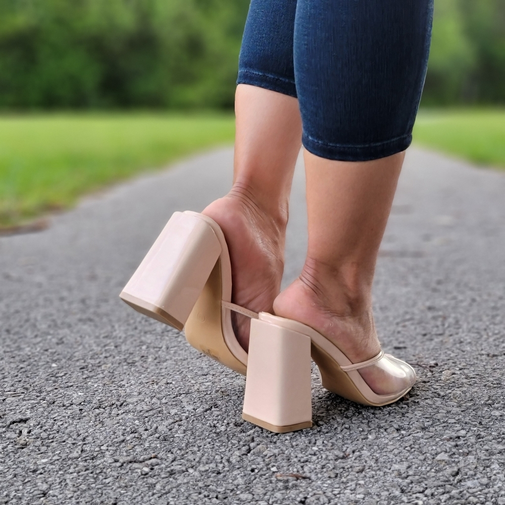 Clear Chunky Block Mid Heel Mule Sandals Nude Color - Picture 6 of 8